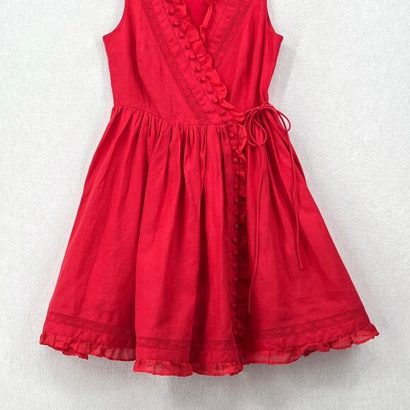 JOSLIN Amella Linen Mini Wrap Dress Womens 0 Red Sleeveless Collar V Neck Ruffle - Picture 10 of 16